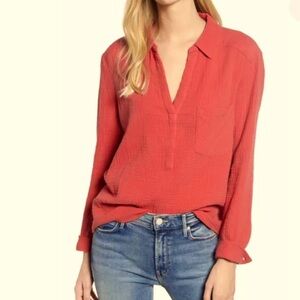 1. State - Double Cotton Gauze Coastal Coral Popover Top - XS